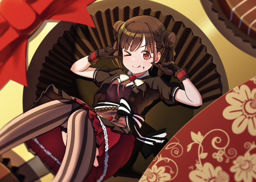 &gt;_o 1girl black_gloves black_shirt blurry blush bow bowtie breasts brooch brown_hair brown_thighhighs chocolate chocolate_on_face depth_of_field dot_nose double_bun dress_bow food food_on_face frilled_skirt frilled_thighhighs frills gloves hair_bun heart heart_brooch highres idolmaster idolmaster_shiny_colors jewelry knees_up large_breasts long_hair looking_at_viewer one_eye_closed osoba_susurukun pleated_skirt polka_dot red_eyes red_ribbon red_skirt ribbon shirt short_sleeves sitting skirt smile solo sonoda_chiyoko striped striped_thighhighs thighhighs tongue tongue_out twintails two-tone_bow v-shaped_eyebrows white_bow white_bowtie