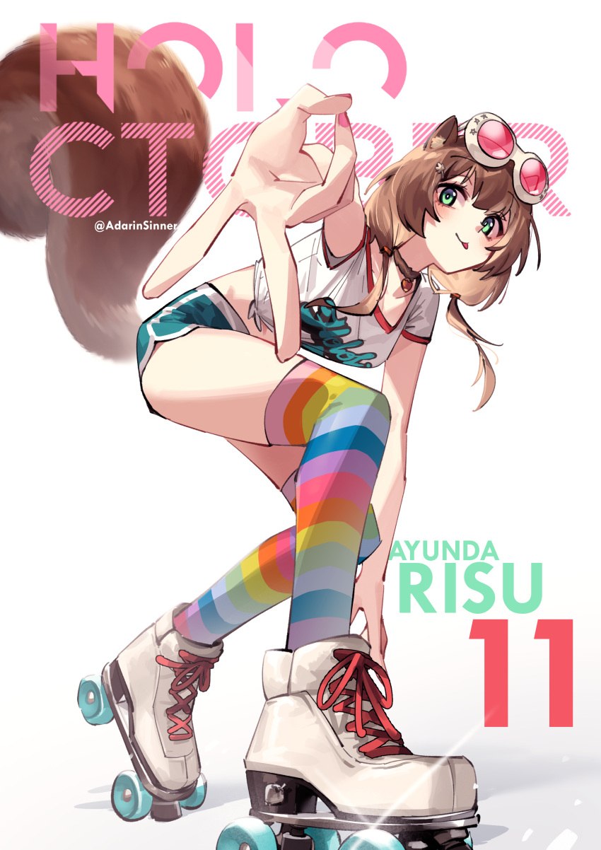 1girl absurdres adarin animal_ears ayunda_risu brown_hair choker green_eyes highres hololive hololive_indonesia roller_skates shorts skates solo squirrel_ears squirrel_girl squirrel_tail striped striped_thighhighs tail thighhighs virtual_youtuber white_background