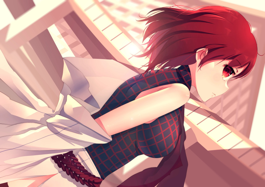 1girl absurdres bare_shoulders black_shirt breasts closed_mouth dutch_angle from_side highres horikawa_raiko large_breasts looking_at_viewer penglai_tea plaid plaid_shirt red_eyes red_hair shirt short_hair skirt sleeveless sleeveless_shirt solo touhou white_skirt
