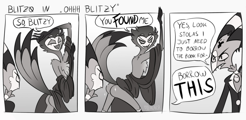 anthro avian bird blitzo_(helluva_boss) butt clothed clothing comic dialogue duo feathers grey_body grey_feathers helluva_boss hi_res humanoid humor imp male mlavieer monochrome owl owl_demon partially_clothed red_body red_skin stolas_(helluva_boss)