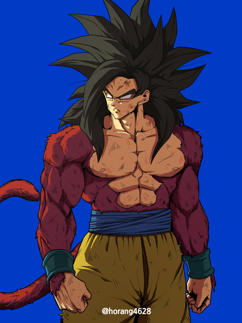 1boy absurdres arms_at_sides artist_name baggy_pants biceps black_hair blood blood_from_mouth blue_sash blue_wristband blurry blurry_background body_fur closed_mouth collarbone commentary_request dragon_ball dragon_ball_gt frown highres horang4628 korean_commentary long_hair looking_away looking_to_the_side male_focus monkey_tail muscular muscular_male pants pectorals red_fur sash scratches serious simple_background solo son_goku spiked_hair standing super_saiyan super_saiyan_4 tail torn_clothes twitter_username v-shaped_eyebrows wristband yellow_eyes yellow_pants