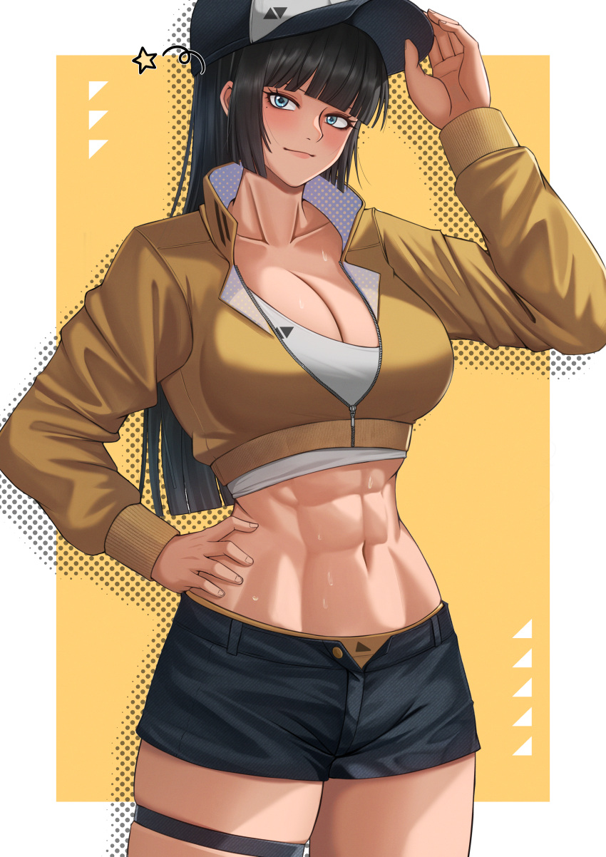 1girl abs absurdres black_hair blue_eyes breasts cleavage cropped_jacket fax61209 hand_on_own_hip hat highres long_hair muscular muscular_female original short_shorts shorts solo tank_top thick_thighs thighs