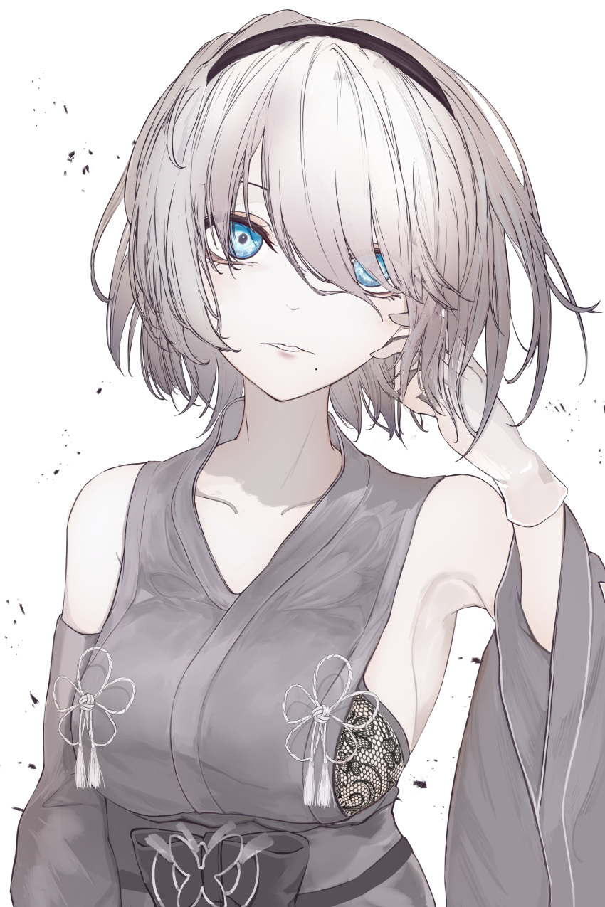 1girl 2b_(nier:automata) absurdres alternate_costume armpits asaikeu blue_eyes bow bra breasts collarbone detached_sleeves gloves hair_over_one_eye hairband hand_in_own_hair highres japanese_clothes lace lace_bra looking_at_viewer medium_breasts mole mole_under_mouth monochrome nier:automata nier_(series) no_blindfold parted_lips short_hair sideboob solo spot_color underwear upper_body waist_bow wide_sleeves