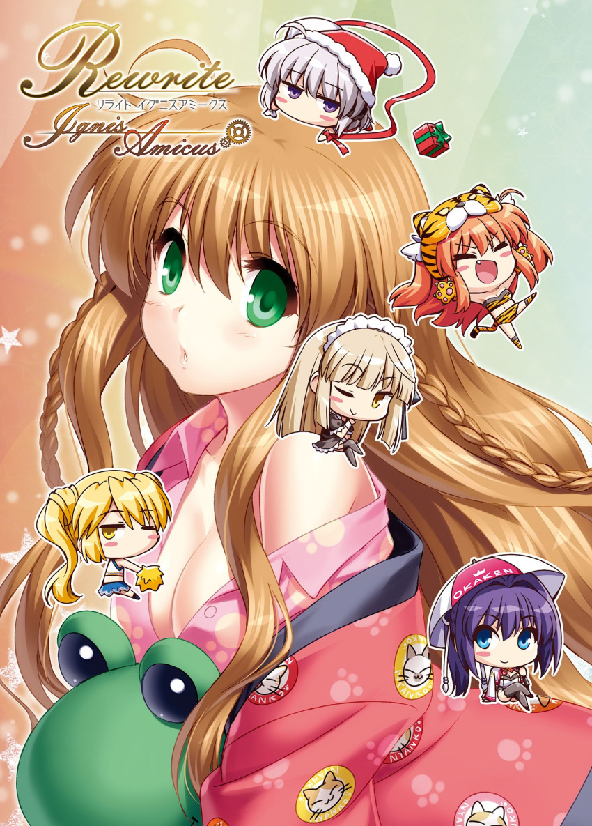 6+girls :d ahoge alternate_costume animal_costume animal_print black_hair blonde_hair blush blush_stickers braid breasts brown_hair casual cheerleader chibi chibi_inset cleavage commentary_request company_connection copyright_name cosplay cover cover_page crossed_legs doujin_cover enmaided eyelashes eyes_visible_through_hair fang green_eyes grey_hair hair_between_eyes hair_intakes hat highres holding holding_umbrella kagari_(rewrite) kanbe_kotori kanon keropii key_(company) konohana_lucia large_breasts light_brown_hair long_hair looking_at_viewer maid maid_headdress minase_nayuki minase_nayuki_(cosplay) multiple_girls nakatsu_shizuru no_bra off_shoulder one_eye_closed ootori_chihaya orange_hair pajamas parted_lips paw_print pink_shirt pom_pom_(cheerleading) red_pajamas red_ribbon rewrite ribbon santa_hat second-party_source senri_akane shirt sidelocks smile solo_focus tiger_costume tiger_print twin_braids twintails umbrella upper_body very_long_hair wavy_hair zen_(kamuro)