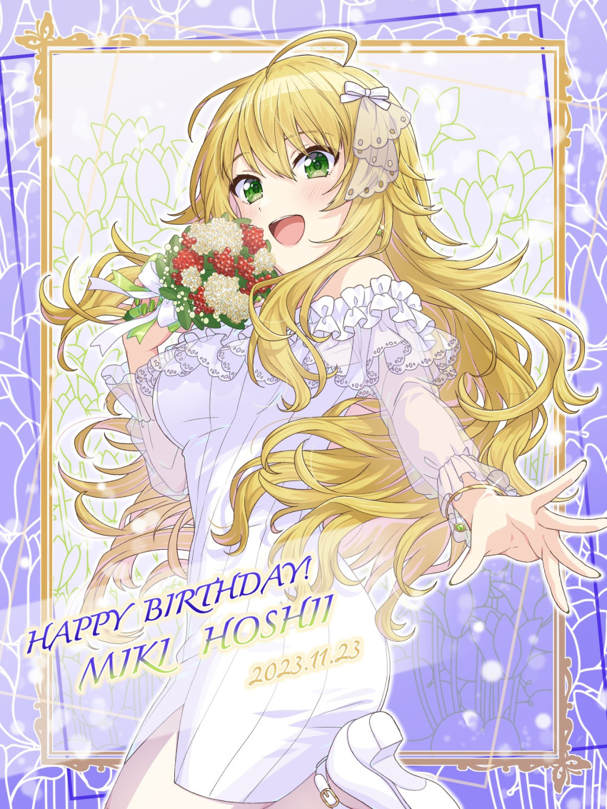 1girl ahoge blonde_hair blush bouquet bow bracelet breasts character_name commentary dated dress floral_background frilled_dress frills green_eyes hair_bow happy_birthday highres holding holding_bouquet hoshii_miki idolmaster idolmaster_(classic) jewelry leg_up long_hair long_sleeves looking_at_viewer medium_breasts open_mouth pantyhose purple_background see-through see-through_sleeves shiro_(ongrokm) sidelocks smile solo white_bow white_dress white_footwear white_pantyhose
