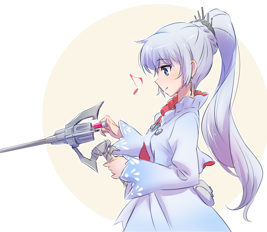 1girl blue_eyes bullet closed_mouth commentary dress earrings eighth_note from_side gun handgun high_ponytail highres iesupa jacket jewelry long_hair looking_at_object musical_note myrtenaster no_scar ponytail reloading revolver rwby smile solo spoken_musical_note weapon weiss_schnee white_dress white_hair