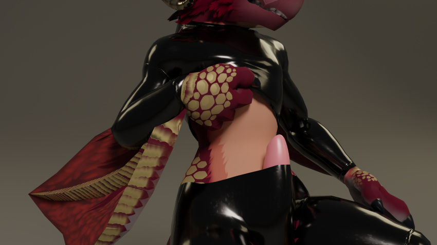 16:9 2023 3d_(artwork) absurd_res anthro beak bessa bessacuga blender_(software) bulge clawed_fingers claws clothed clothing clothing_lift curved_horn digital_media_(artwork) feathers genitals glistening glistening_body gold_scales hi_res horn latex latex_armwear latex_clothing latex_legwear latex_stockings male multicolored_body penis pink_penis poking_out red_body red_feathers rubber rubber_clothing rubber_suit scales simple_background smile solo standing teeth two_tone_body widescreen wings