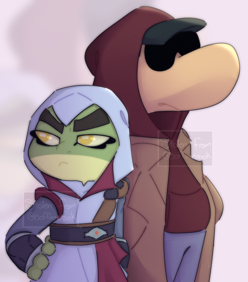 amphibian anthro assassin's_creed bullfrog_(captain_laserhawk) captain_laserhawk:_a_blood_dragon_remix clothed clothing coffeekrook digital_media_(artwork) duo eyebrows fingers frog gloves green_body green_skin handwear hi_res hood hood_up male rayman rayman_(series) raypeople_(rayman) simple_background thick_eyebrows ubisoft yellow_eyes