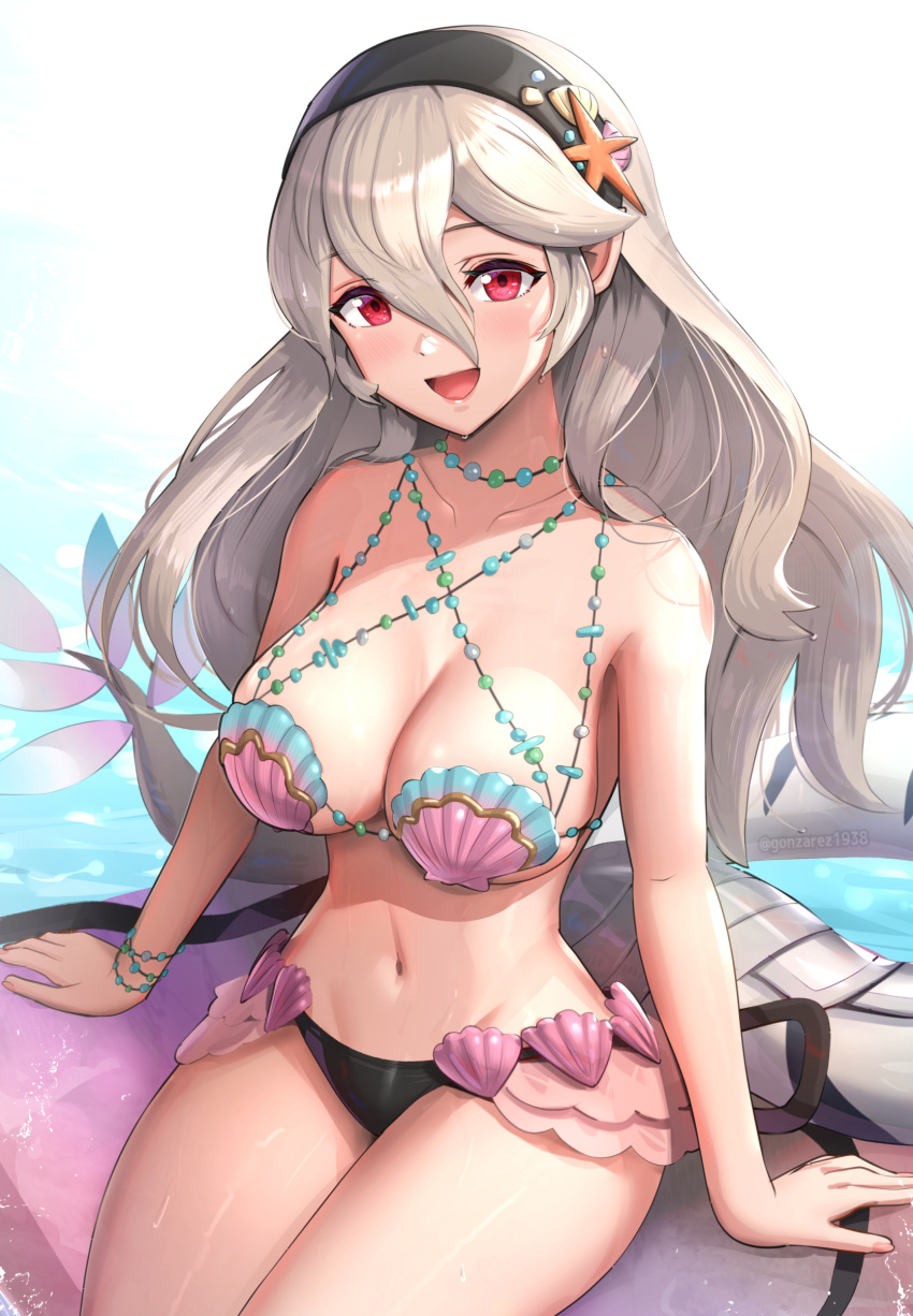 1girl :d absurdres arm_support bare_arms bare_shoulders black_hairband blush breasts cleavage collarbone corrin_(female)_(fire_emblem) corrin_(fire_emblem) cowboy_shot fire_emblem fire_emblem_cipher fire_emblem_fates gonzarez grey_hair hair_between_eyes hairband highres large_breasts long_hair looking_at_viewer navel official_alternate_costume open_mouth red_eyes shell shell_bikini sitting smile solo stomach tail thighs very_long_hair
