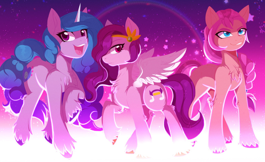 2021 absurd_res blue_eyes blue_hair blue_mane blue_tail chest_tuft cutie_mark earth_pony equid equine eyelashes feathered_wings feathers female feral fluffy fur gaiki group hair hasbro hi_res hooves horn horse izzy_moonbow_(mlp) leg_tuft mammal mane mlp_g5 my_little_pony orange_body orange_fur pegasus pink_body pink_feathers pink_fur pink_hair pink_mane pink_tail pipp_petals_(mlp) pony purple_body purple_eyes purple_fur purple_hair purple_mane purple_tail sunny_starscout_(mlp) tail trio tuft unicorn wings