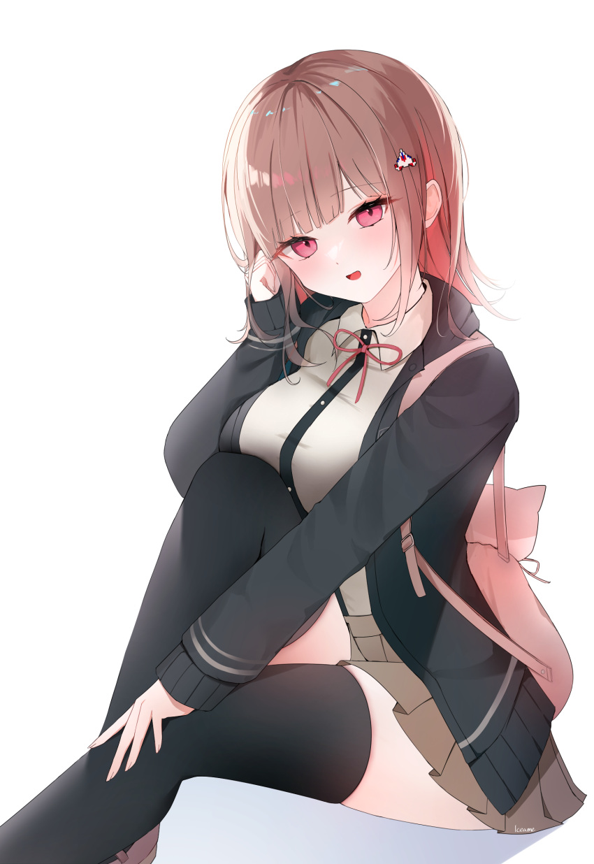 1girl animal_bag backpack bag black_shirt breasts brown_hair brown_skirt cat_bag collared_shirt danganronpa_(series) danganronpa_2:_goodbye_despair dress_shirt flipped_hair galaga hair_ornament highres hood hooded_jacket ice_ame jacket large_breasts long_sleeves looking_at_viewer medium_hair nanami_chiaki neck_ribbon pink_bag pink_eyes pink_ribbon pleated_skirt ribbon shirt shirt_tucked_in skirt smile solo thighhighs white_shirt