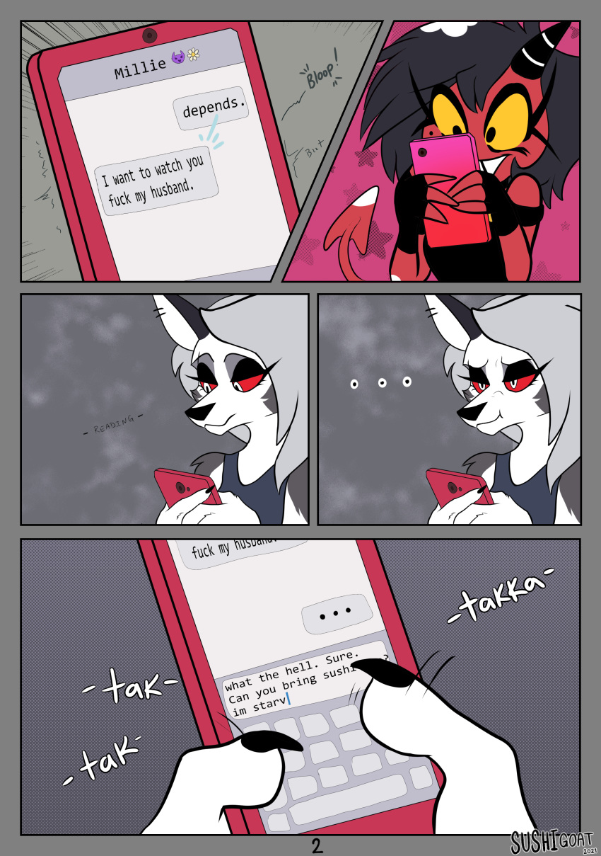 absurd_res anthro breasts canid canid_demon canine clothing demon digital_media_(artwork) english_text female fur hair hellhound helluva_boss hi_res imp loona_(helluva_boss) mammal millie_(helluva_boss) red_sclera solo sushigoat text text_message texting texting_ui white_body white_fur