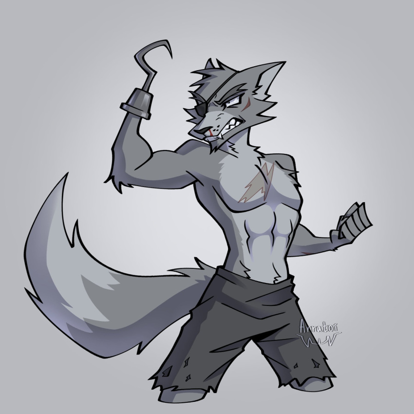 5_fingers abs anthro arratoi bottomwear canid canine clothed clothing digital_media_(artwork) dipstick_tail eye_patch eyewear fingers fist five_nights_at_freddy's fox foxy_(fnaf) fur hi_res hook hook_hand male mammal markings monochrome muscular muscular_anthro muscular_male pants pecs scar scottgames shorts simple_background solo standing tail tail_markings teeth topless