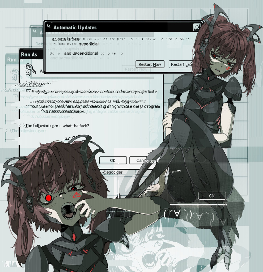 1girl brown_hair circular_saw english_commentary english_text highres joints juniper_(artist) looking_at_viewer open_mouth original red_eyes robot_girl robot_joints saw sign twintails uneven_eyes warning_sign window_(computing)