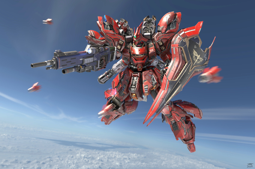 3d aaronhanart absurdres battle beam_rifle char's_counterattack cloud damaged dirty energy_gun english_commentary english_text flying gundam highres machinery mecha mobile_suit neo_zeon no_humans photo_background realistic robot sazabi shield signature weapon
