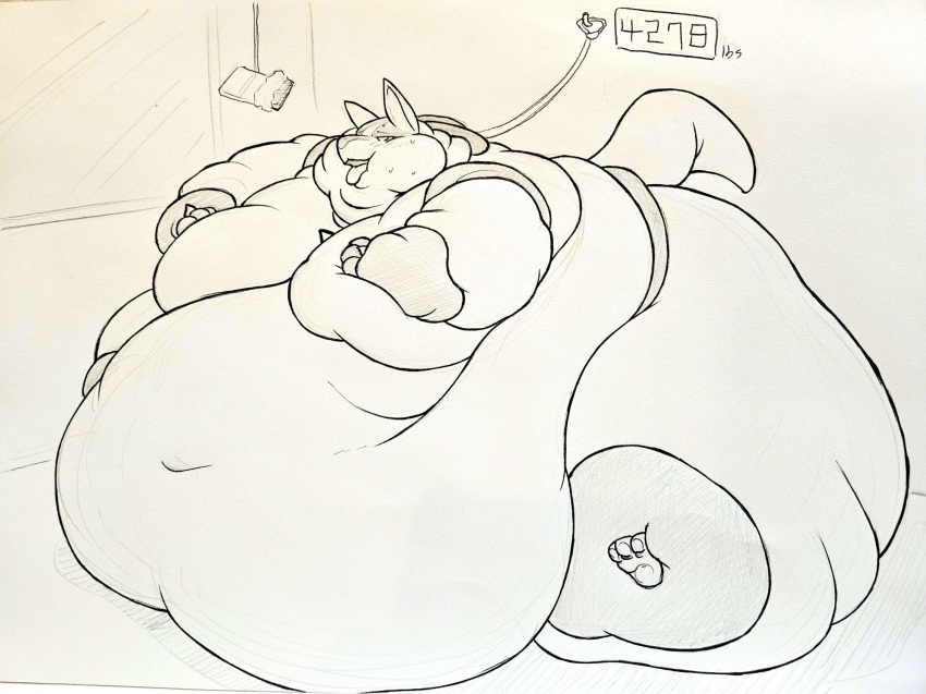 ambiguous_gender anthro bodily_fluids candy canid canine chocolate chocolate_bar dessert feeding feral flabby_arms flabby_butt flabby_legs food generation_4_pokemon haeilian hi_res immobile lucario mammal monochrome moobs morbidly_obese morbidly_obese_anthro nintendo obese obese_anthro overweight overweight_anthro pokemon pokemon_(species) slightly_chubby solo sweat tongue tongue_out