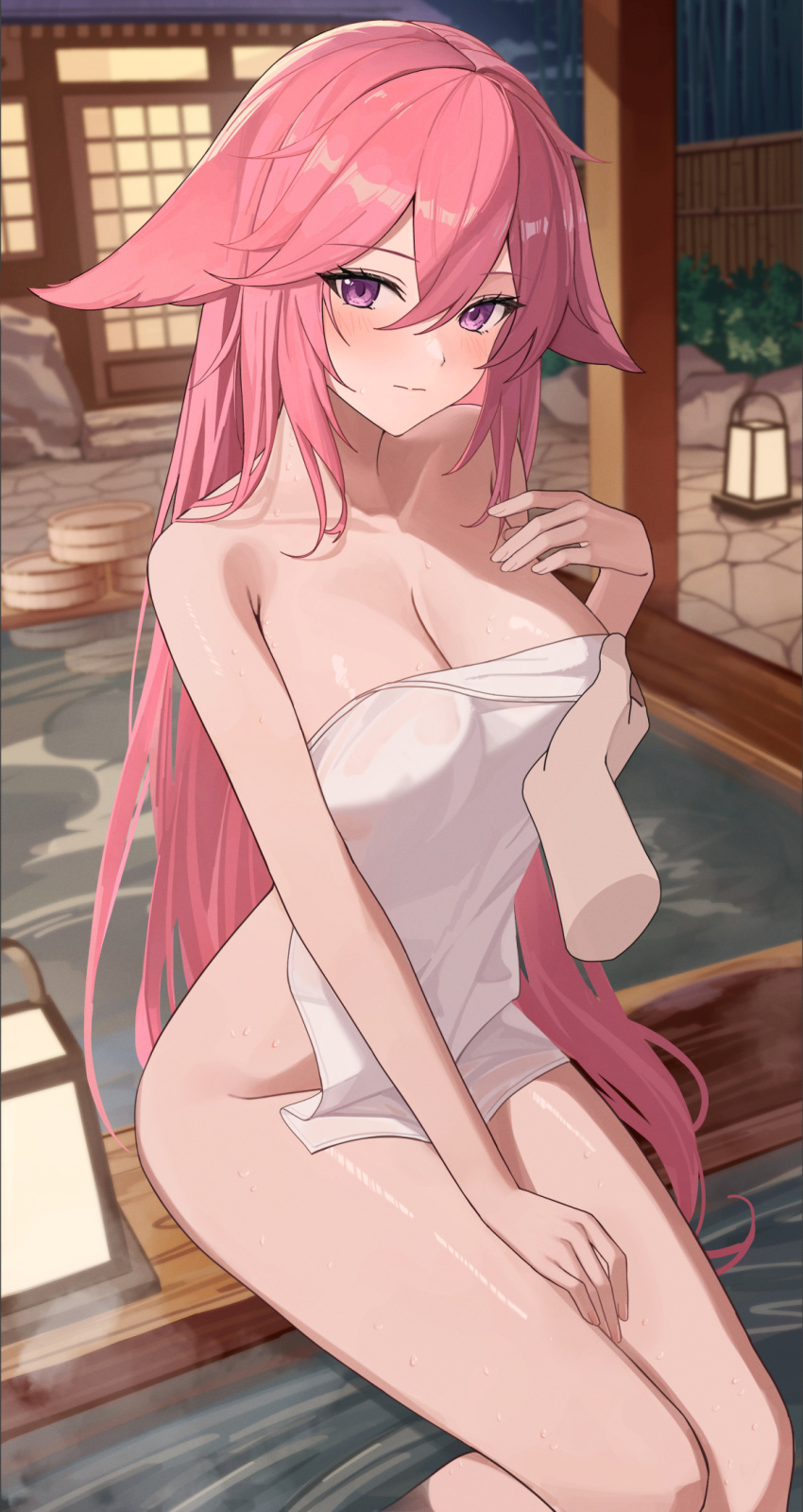 1girl animal_ears bamboo_fence blush breasts bucket covering disembodied_limb embarrassed fence floppy_ears fox_ears genshin_impact grabbing grabbing_another's_breast highres jumonji long_hair naked_towel nose_blush nude onsen paid_reward_available partially_submerged pink_fur pink_hair purple_eyes rock steam towel very_long_hair water wet wet_towel wooden_bucket yae_miko