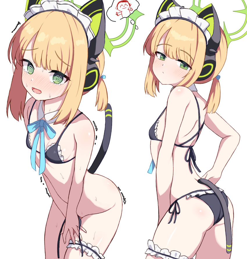 1girl @_@ animal_ear_headphones animal_ears arona's_sensei_doodle_(blue_archive) ass bikini black_bikini blonde_hair blue_archive blue_ribbon blush breasts bridal_garter cat_ear_headphones cat_ears cat_tail commentary covering_crotch covering_privates cowboy_shot criss-cross_back-straps detached_collar fake_animal_ears frilled_bikini frills green_eyes green_halo halo headphones highres io9 leaning_forward looking_at_viewer maid maid_bikini maid_headdress midori_(blue_archive) midori_(maid)_(blue_archive) multiple_views neck_ribbon nose_blush open_mouth ribbon sensei_(blue_archive) short_hair short_twintails side-tie_bikini_bottom simple_background small_breasts sweat swimsuit tail tearing_up tears thought_bubble trembling twintails unconventional_maid untied_bikini untied_bikini_bottom white_background