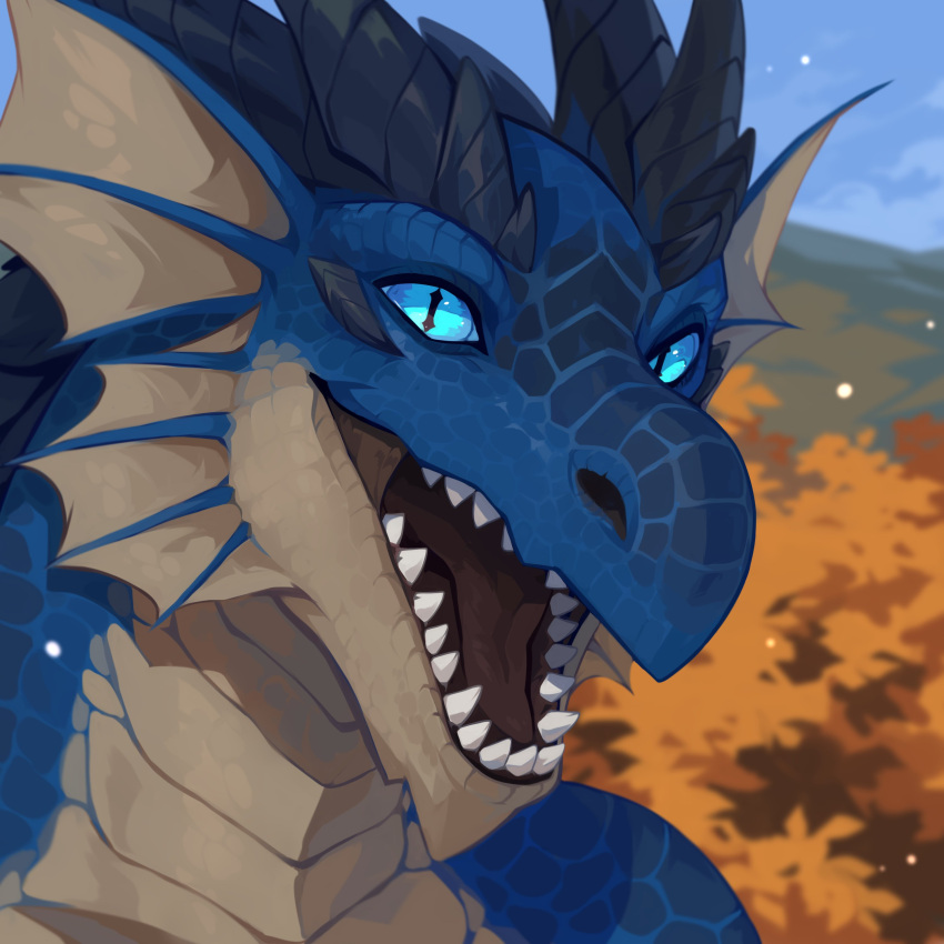 1:1 absurd_res anthro blue_eyes blue_horn blue_sky blurred_background bust_portrait cheek_frill corzh77 dragon ear_frill frill_(anatomy) front_view glistening glistening_eyes hi_res horn looking_at_viewer male open_mouth portrait ridged_horn scales scalie sharp_teeth sky solo tan_body tan_frill tan_scales teeth