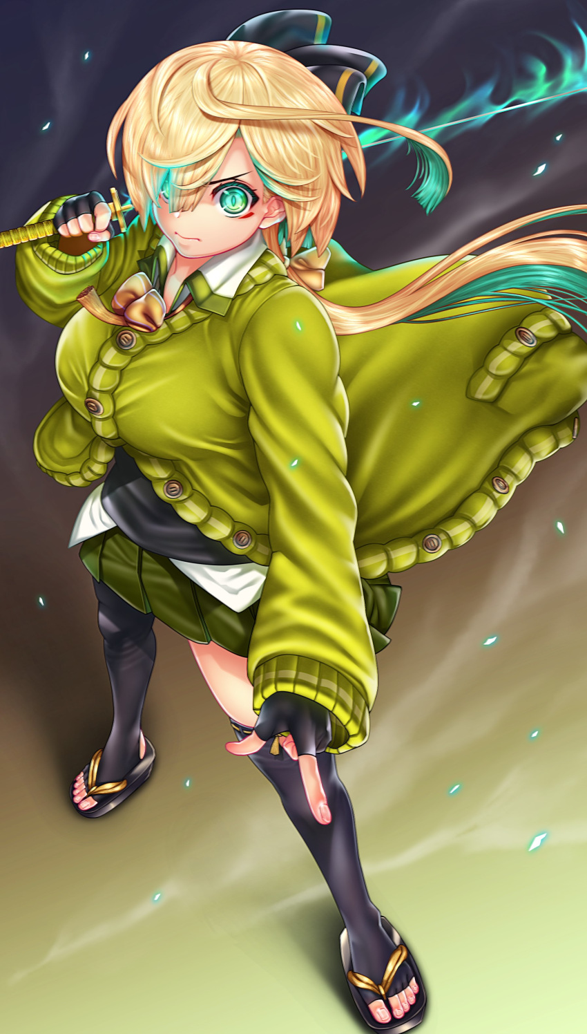 1girl absurdres aqua_eyes aqua_hair aura black_gloves blonde_hair bow bowtie cardigan closed_mouth collared_shirt fingerless_gloves floating_clothes from_above full_body gloves green_cardigan green_skirt hair_between_eyes hair_bow highres inaba_gou long_hair low_ponytail multicolored_hair out_of_frame over_shoulder patchwork_fat. pointing shirt skirt solo standing swept_bangs sword sword_over_shoulder tenka_hyakken thighhighs toeless_legwear two-tone_hair v-shaped_eyebrows weapon weapon_over_shoulder zouri