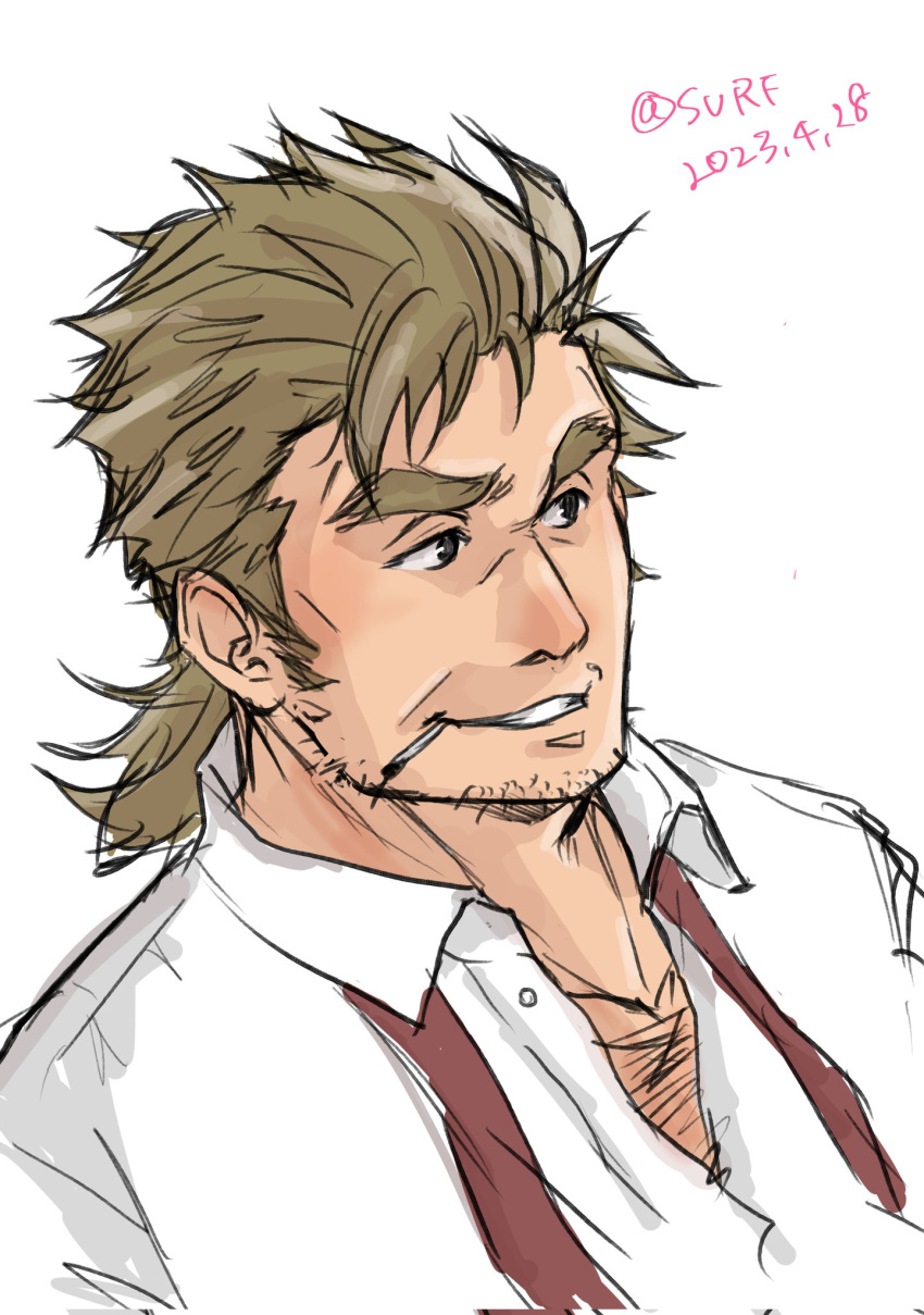 1boy bara black_eyes brown_hair chest_hair cigarette collared_shirt commentary_request dated facial_hair grin highres long_sideburns looking_to_the_side low_ponytail male_focus mature_male mononobe_kyoma necktie partially_unbuttoned red_necktie safu_(maimai3737) shirt sideburns simple_background smile solo stubble thick_eyebrows tokyo_afterschool_summoners twitter_username undone_necktie upper_body white_background white_shirt