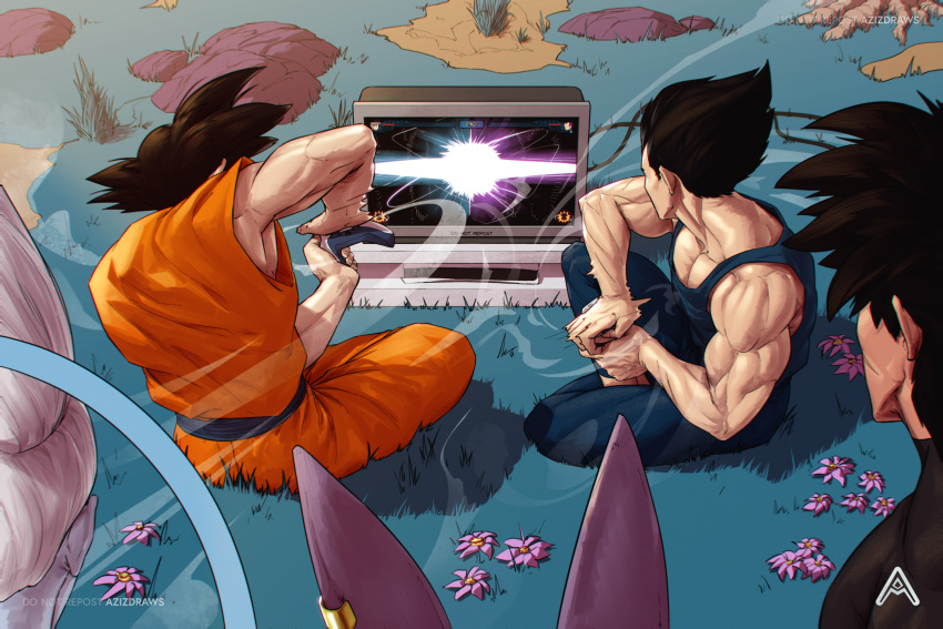 5boys artist_name azizdraws beerus black_hair blue_bodysuit bodysuit broly_(dragon_ball_super) controller dougi dragon_ball dragon_ball_super game_console game_controller highres holding holding_controller holding_game_controller large_pectorals male_focus multiple_boys muscular muscular_male pectorals playing_games playstation_5 playstation_controller short_hair sitting son_goku spiked_hair vegeta video_game whis