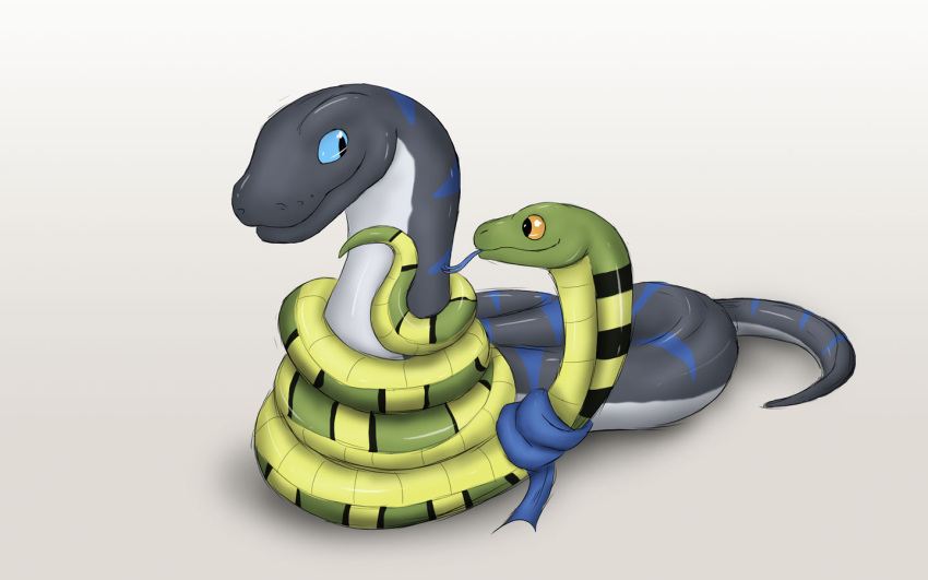 akaikosh blue_eyes blue_tongue coiling duo feral green_body grey_body happy male male/male orange_eyes reptile scalie scarf simple_background snake tail tongue white_background