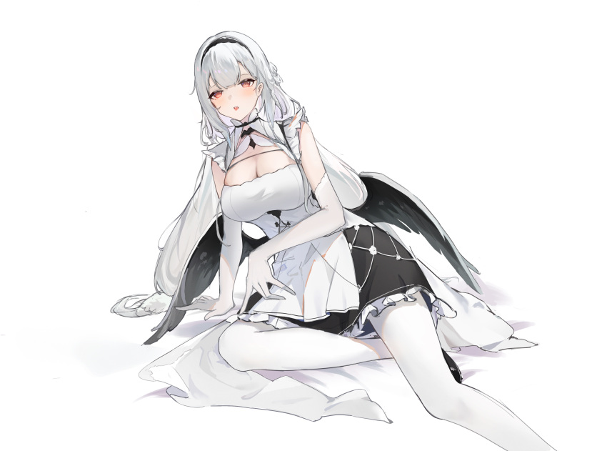 1girl absurdres arm_rest azur_lane black_footwear black_hairband black_wings blush breasts cleavage cleavage_cutout clothing_cutout elbow_gloves feathered_wings flantia foot_out_of_frame full_body gloves hairband highres large_breasts long_hair looking_at_viewer low_twintails maid pantyhose parted_lips red_eyes scylla_(azur_lane) shirt simple_background solo twintails white_background white_gloves white_pantyhose white_shirt wings