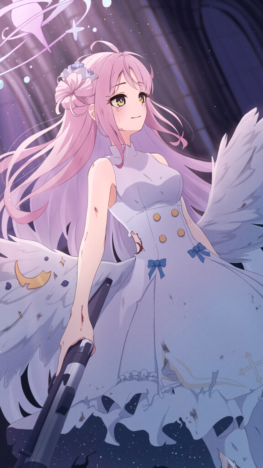 1girl angel_wings bare_shoulders blood blue_archive breasts buttons closed_mouth commentary double-breasted dress feathered_wings frilled_dress frills gun hair_bun hair_ornament hair_scrunchie halo highres holding holding_gun holding_weapon indoors injury long_hair low_wings medium_breasts messy_hair mika_(blue_archive) pantyhose pink_hair scrunchie single_side_bun sleeveless sleeveless_dress smile solo standing torn_clothes torn_dress torn_pantyhose very_long_hair weapon white_dress white_wings wing_decorations wings yotsuremi
