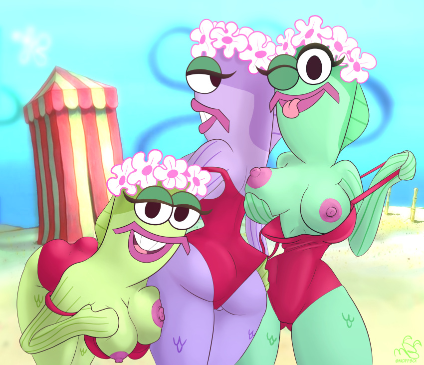 beach breast_squish breasts butt camel_toe changing_booth clothed clothing colored digital_drawing_(artwork) digital_media_(artwork) exposed_breasts female female/female fish green_body group hand_on_breast hi_res looking_at_another looking_at_viewer marine moffboi nickelodeon nipples non-mammal_breasts one-piece_swimsuit purple_body scales seaside shaded signature smile soft_shading spongebob_squarepants squish swimwear teasing tongue tongue_out topless trio undressing