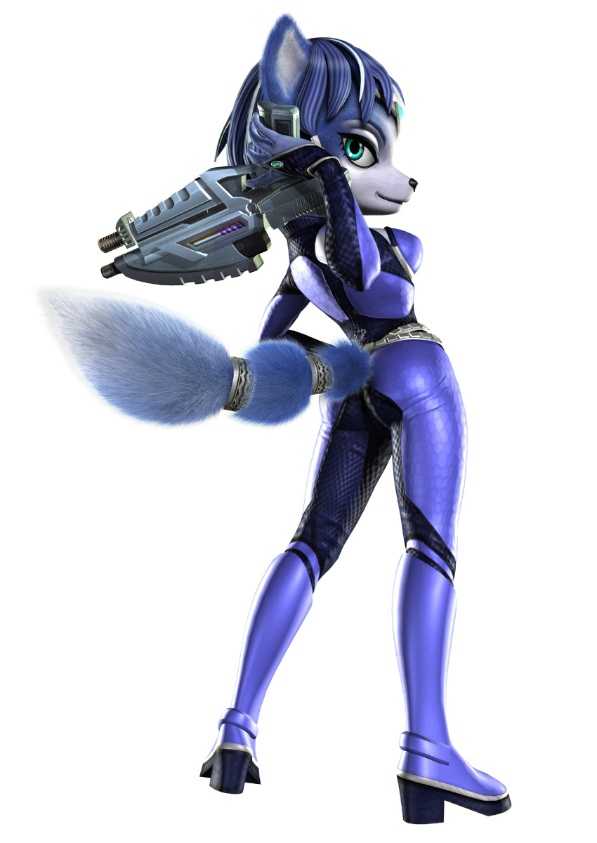 absurd_res accessory anthro belt blue_body blue_eyes blue_fur blue_hair breasts butt canid canine clothing female footwear fox fur furgonomics gun hair hi_res high_heels jewelry krystal looking_at_viewer looking_back mammal nintendo official_art ranged_weapon ring simple_background solo star_fox tail tail_accessory tail_jewelry tail_ring tight_clothing unknown_artist weapon
