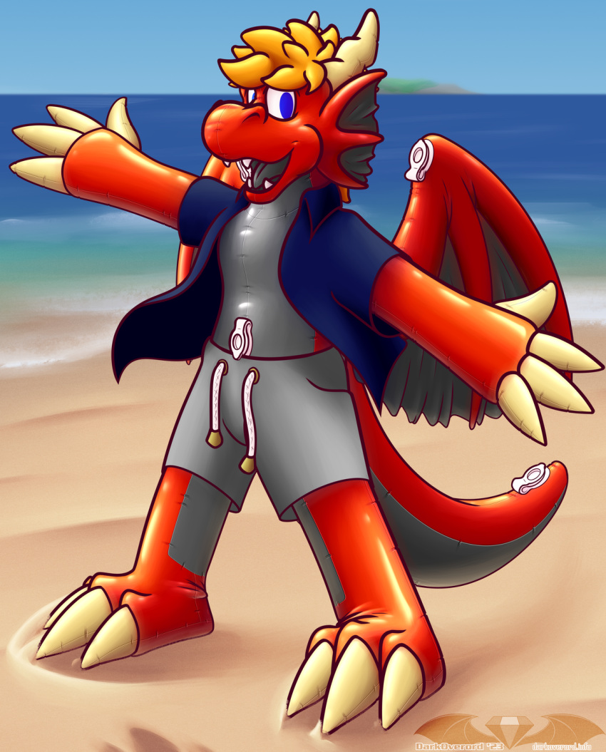 2023 3_toes 4_fingers agender air_valve animate_inanimate anthro beach big_tail blue_clothing blue_eyes blue_shirt blue_topwear bottomwear claws clothing darkoverord darkoverord_occassus detailed_background digital_media_(artwork) dragon ear_frill excited feet finger_claws fingers frill_(anatomy) grey_body grey_bottomwear grey_clothing grey_shorts grey_tongue hair hi_res horn inflatable living_inflatable looking_at_viewer male membrane_(anatomy) membranous_wings no_pupils open_mouth open_smile orange_hair red_body scalie seaside shirt shorts smile solo tail tan_claws tan_horn teeth toe_claws toes tongue topwear western_dragon wings