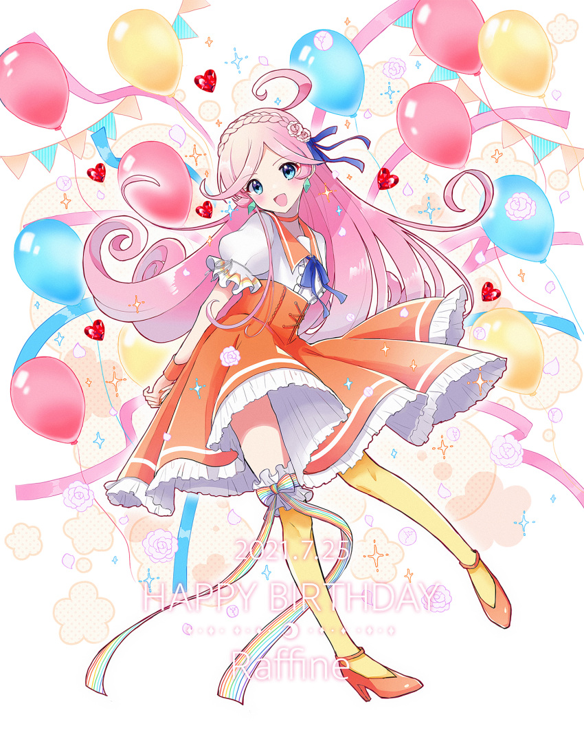 1girl ahoge balloon blue_eyes blue_ribbon blush braid character_name dated diamond_earrings dress earrings flower gem hair_ribbon happy_birthday heart-shaped_gem high_heels highres jewelry kashima_miyako long_hair open_mouth orange_dress orange_footwear orange_wristband pink_hair puffy_short_sleeves puffy_sleeves puyopuyo puyopuyo_fever raffina_(puyopuyo) rainbow_bow red_gemstone ribbon rose short_sleeves solo thighhighs very_long_hair white_flower white_rose yellow_thighhighs