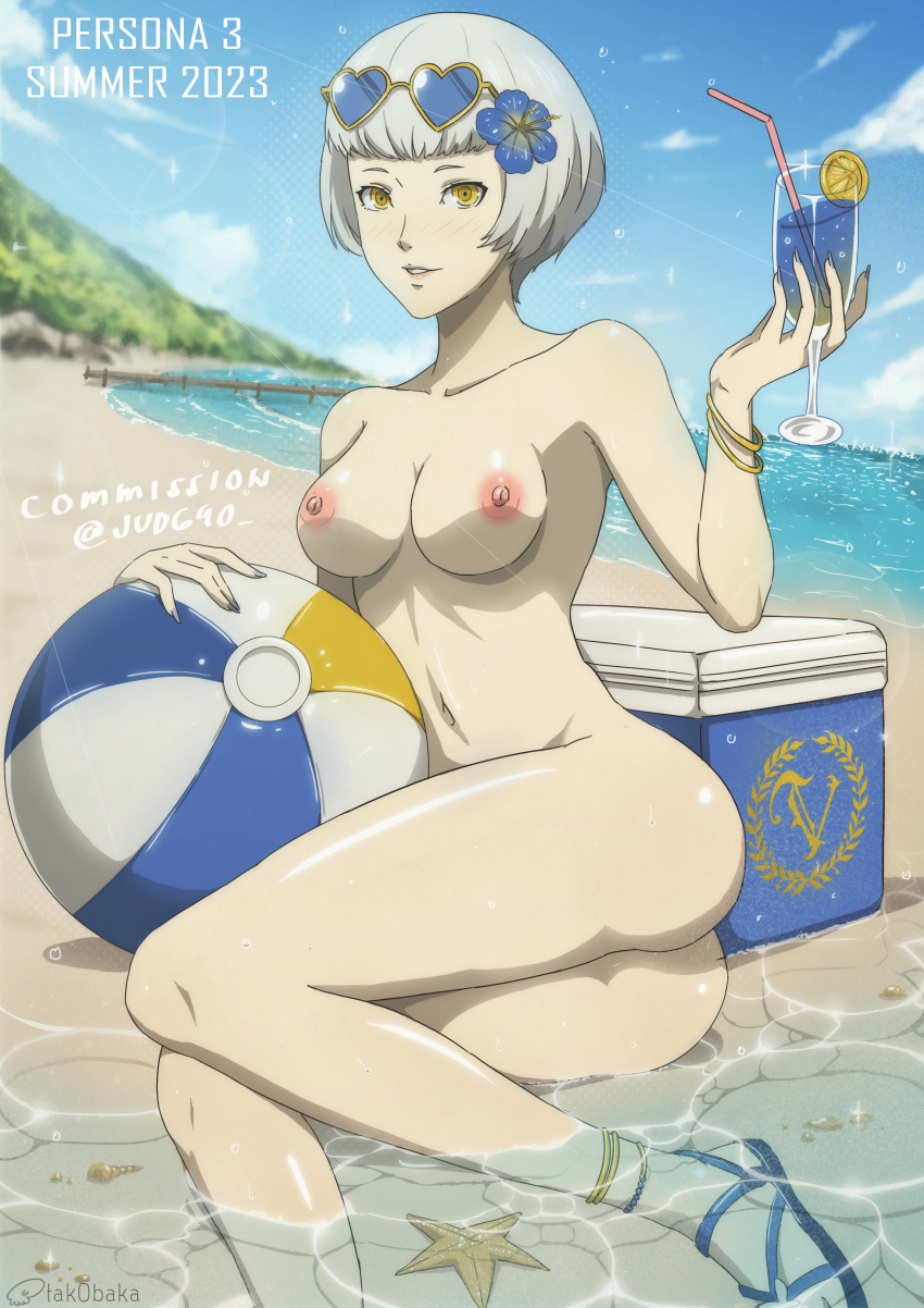 1girl absurdres ball beach beachball blue_flower bob_cut bracelet breasts commission completely_nude cooler cup drinking_glass elizabeth_(persona) eyewear_on_head flower food fruit hair_flower hair_ornament heart heart-shaped_eyewear highres jewelry lemon looking_at_viewer navel nipples nude parted_lips partially_submerged persona persona_3 sandals sitting small_breasts smile solo starfish sunglasses tak0baka wine_glass yellow_eyes