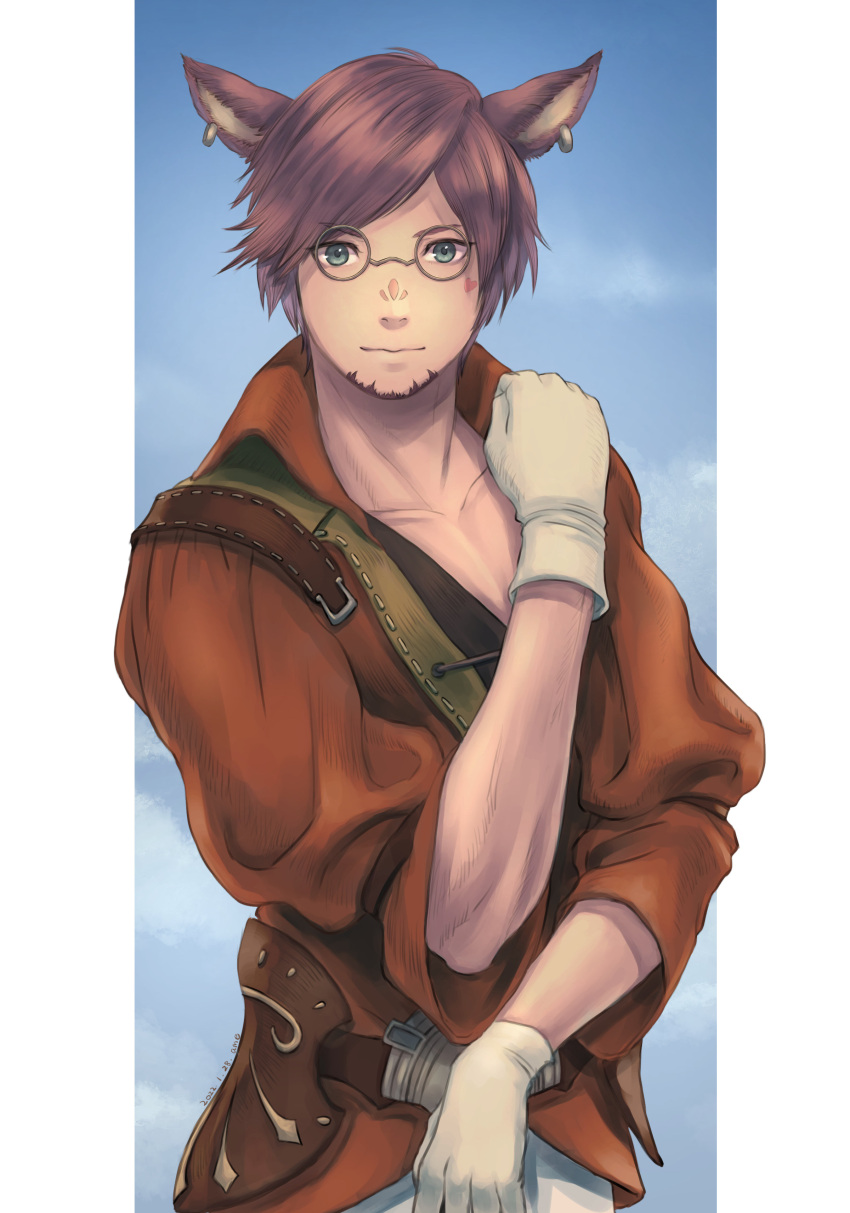 1boy 2022 absurdres animal_ears artist_name cactus41747280 cat_boy cat_ears closed_mouth collarbone dated earrings facial_hair facial_mark final_fantasy final_fantasy_xiv grey-framed_eyewear hand_up heart heart_facial_mark highres jacket jewelry miqo'te red_jacket short_hair solo warrior_of_light_(ff14)