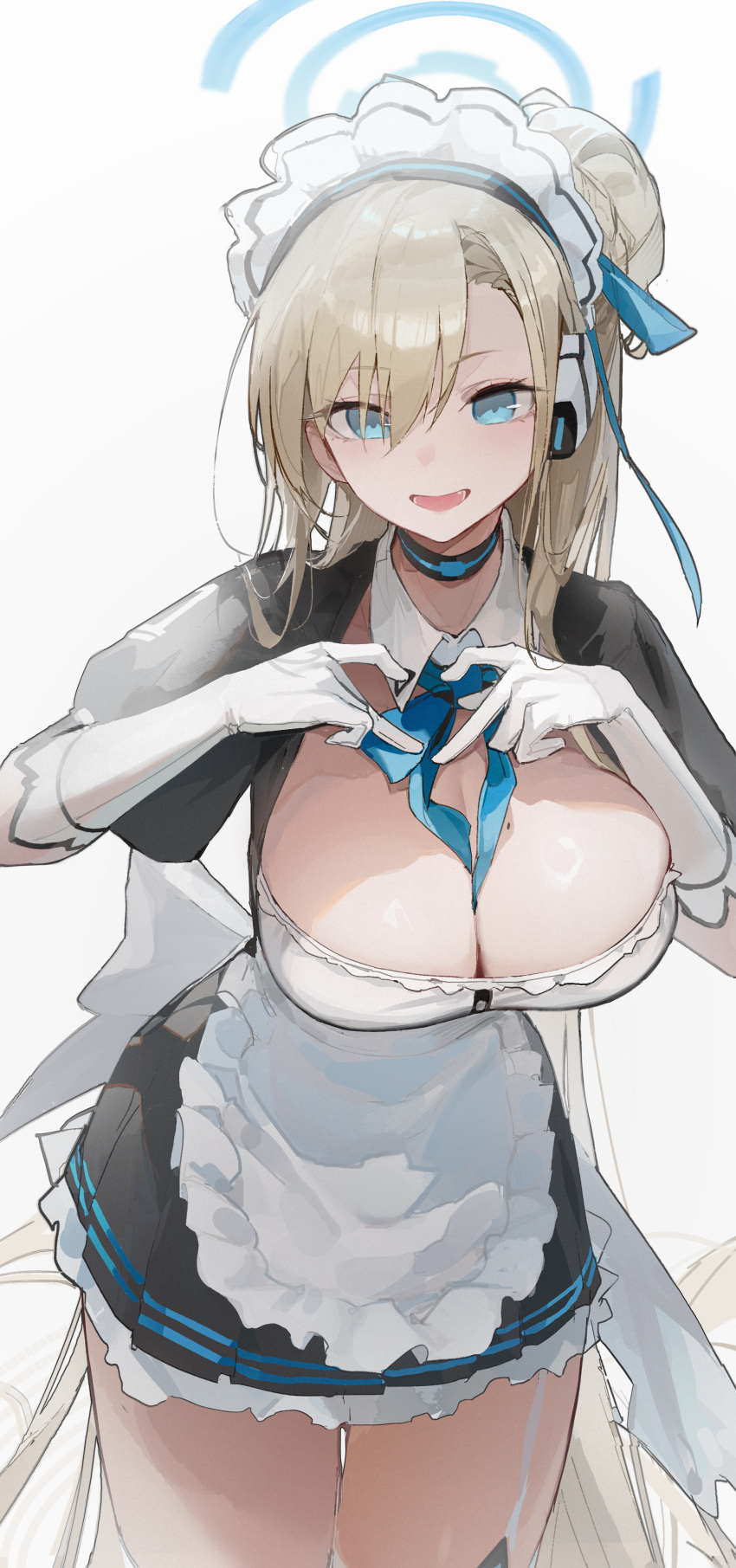 1girl absurdres apron asuna_(blue_archive) black_dress blue_archive blue_bow blue_bowtie blue_eyes blue_halo blue_ribbon bow bowtie breasts cleavage cowboy_shot dress frilled_apron frills gloves hair_ribbon halo highres large_breasts light_brown_hair long_hair looking_at_viewer maid maid_apron maid_headdress mole mole_on_breast open_mouth ribbon simple_background smile solo very_long_hair white_apron white_background white_gloves zombie_ke