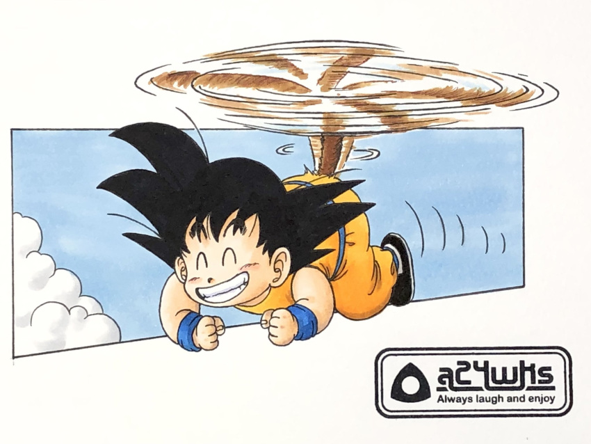 1boy a24wks artist_logo artist_name black_hair closed_eyes cloud commentary_request dougi dragon_ball dragon_ball_(classic) flying full_body grin helicopter_tail highres male_focus marker_(medium) monkey_tail official_style smile solo son_goku spinning tail toriyama_akira_(style) traditional_media wristband