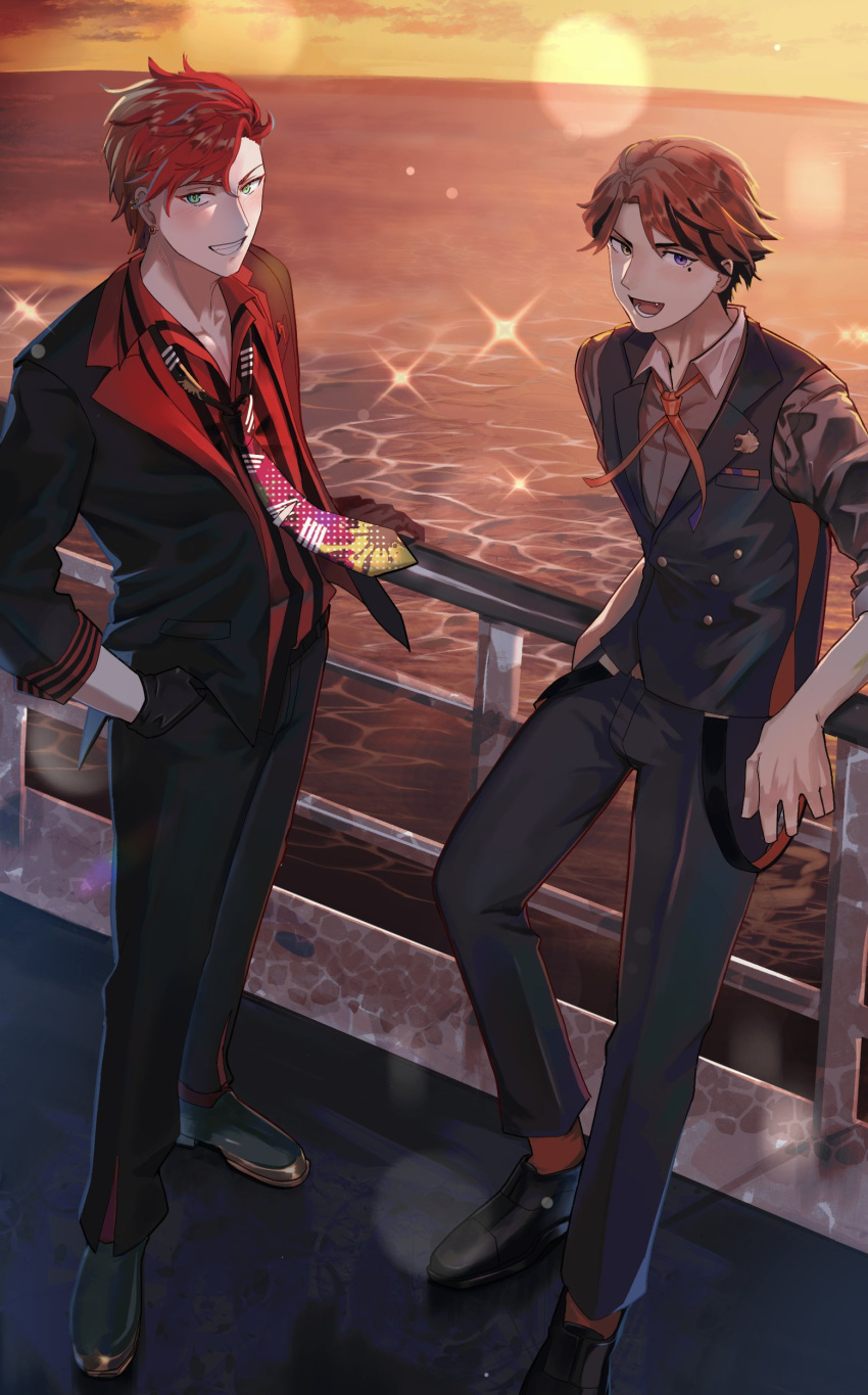 2boys :d absurdres against_railing aqua_eyes black_footwear black_gloves black_hair black_jacket black_pants brown_vest collared_shirt ear_piercing earrings fang full_body gloves grey_shirt grin hand_in_pocket hand_on_railing heterochromia highres hizaki_gamma holostars jacket jewelry lapel_pin lens_flare light_blush loafers looking_at_viewer loose_necktie lower_teeth_only male_focus mole mole_under_eye multicolored_hair multicolored_necktie multiple_boys neck_ribbon necktie ocean open_clothes open_collar open_jacket orange_eyes orange_hair orange_ribbon orange_socks outdoors pants parted_bangs piercing purple_eyes railing red_hair red_shirt ribbon shirt shirt_partially_tucked_in shoes short_hair sleeves_rolled_up smile socks sparkle standing streaked_hair striped striped_shirt sunset swept_bangs teeth thriller_romero two-tone_hair v-shaped_eyebrows vertical-striped_shirt vertical_stripes vest virtual_youtuber yukoku_roberu