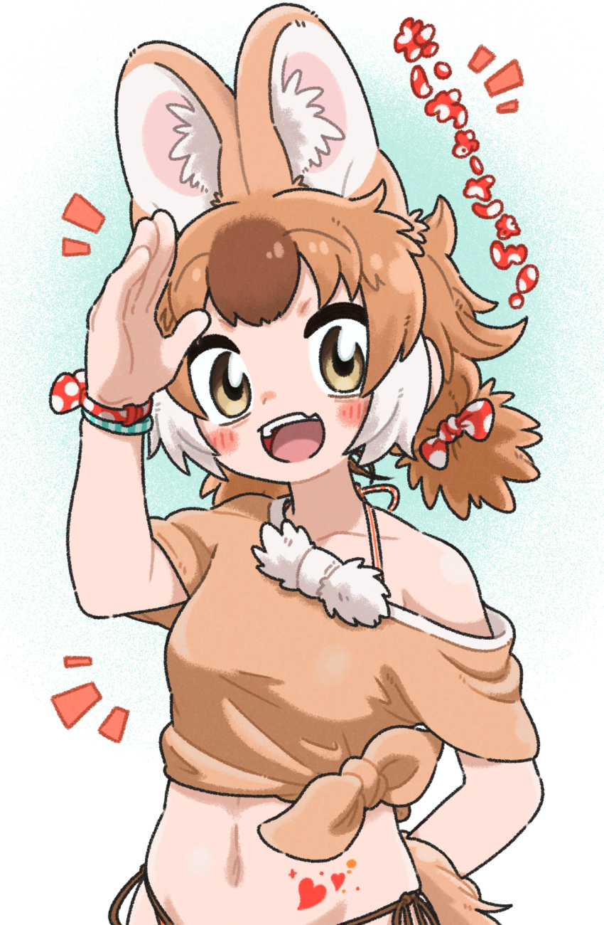 1girl animal_ear_fluff animal_ears appleq arm_up bare_shoulders bikini bow breasts brown_bikini brown_eyes brown_hair brown_shirt collarbone commentary_request dhole_(kemono_friends) hair_bow heart highres kemono_friends kemono_friends_3 multicolored_hair navel notice_lines off_shoulder polka_dot polka_dot_bow red_bow shirt short_sleeves side-tie_bikini_bottom small_breasts solo swimsuit tied_shirt translation_request two-tone_hair white_hair