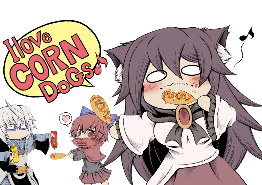 0_0 1boy 2girls animal_ears bow breasts brown_hair chibi commentary_request corn_dog covered_mouth eating english_text food glasses grey_hair hair_bow heart hidefu_kitayan highres holding holding_food imaizumi_kagerou ketchup long_hair morichika_rinnosuke multiple_girls mustard no_mouth red_eyes red_hair sekibanki short_hair simple_background spoken_heart touhou white_background wide_oval_eyes wolf_ears wolf_girl