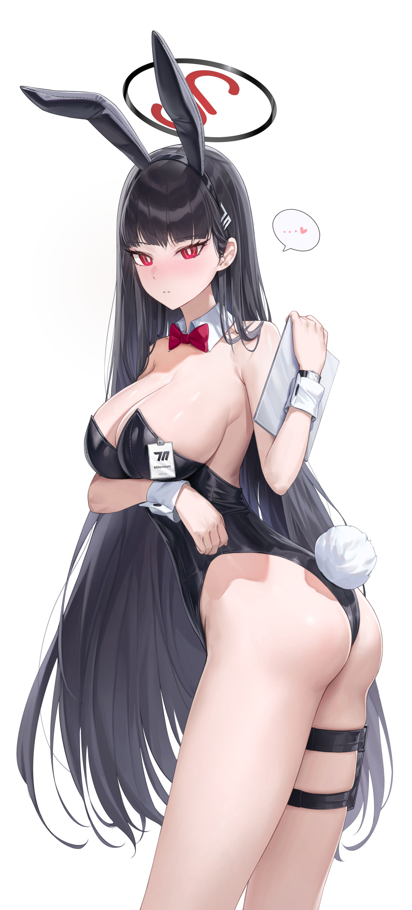 1girl absurdres alternate_costume animal_ears arm_under_breasts ass bare_legs black_hair black_leotard blue_archive breasts commentary cryturtle fake_animal_ears fake_tail highres holding holding_tablet_pc large_breasts leotard long_hair playboy_bunny rabbit_ears rabbit_tail red_eyes rio_(blue_archive) straight_hair tablet_pc tail thigh_strap very_long_hair