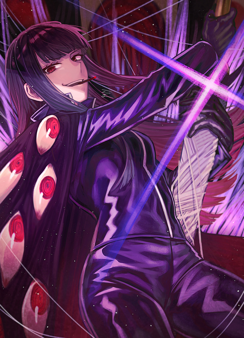 1girl black_hair blunt_bangs cigarette coat commentary_request grin highres holding holding_sword holding_weapon jacket limbus_company long_hair official_alternate_hair_length official_alternate_hairstyle pants project_moon purple_jacket purple_pants rashima_(rcm_illust) red_eyes ryoshu_(limbus_company) scabbard sheath sidelocks silk smile smoking solo spider_bud spider_web straight_hair sword teeth too_many_eyes track_jacket unsheathing upper_teeth_only weapon zipper