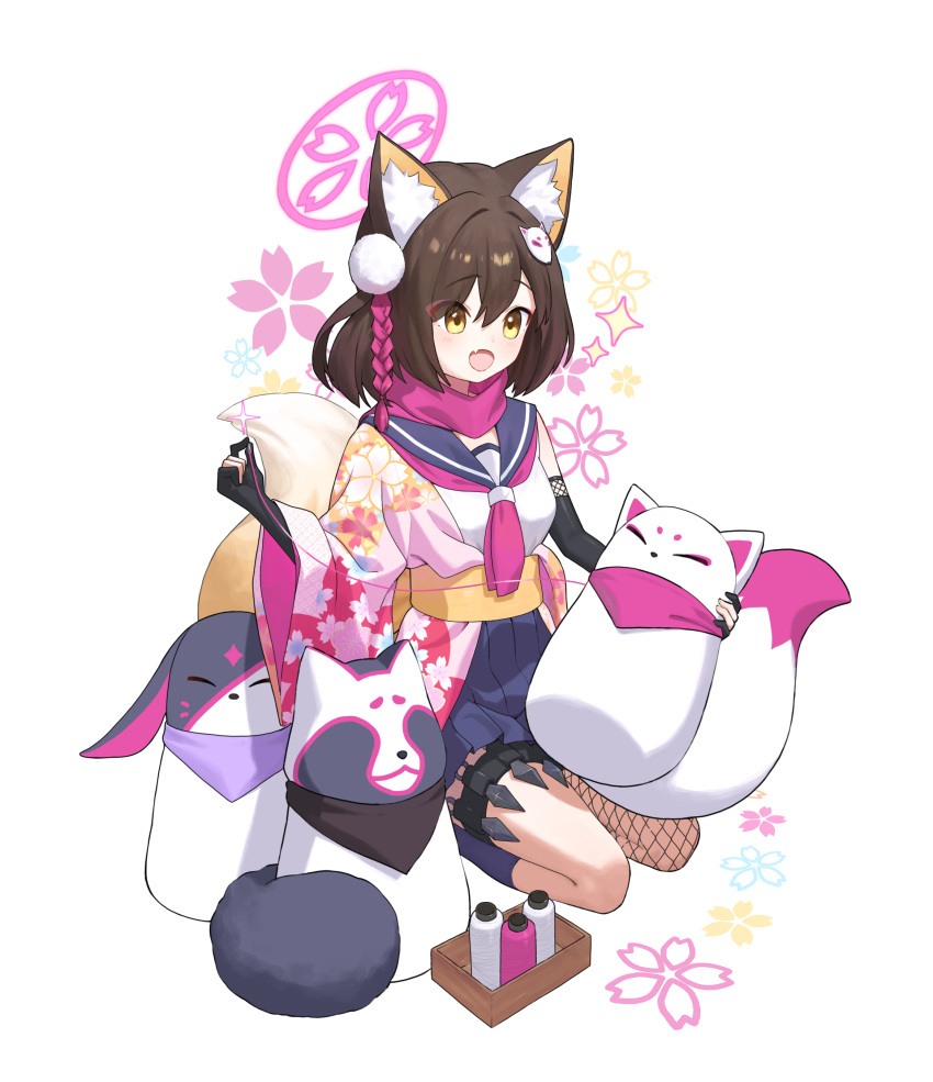 1girl :d absurdres animal_ear_fluff animal_ears asymmetrical_legwear black_gloves black_hair blue_archive cameo commentary_request cro_(user_znms5733) elbow_gloves eyeshadow fang fingerless_gloves fishnet_thighhighs fishnets fox_ears fox_girl fox_tail gloves hadanugi_dousa hair_between_eyes hair_ornament halo highres holding_sewing_needle izuna_(blue_archive) japanese_clothes kunai long_sleeves looking_at_viewer makeup medium_hair michiru_(blue_archive) mismatched_legwear ninja one_side_up pleated_skirt pom_pom_(clothes) pom_pom_hair_ornament red_eyeshadow red_scarf rope scarf school_uniform seiza serafuku sewing sewing_kit shimenawa sidelocks simple_background sitting skin_fang skirt sleeveless smile solo string stuffed_animal stuffed_fox stuffed_rabbit stuffed_raccoon stuffed_toy tail thigh_strap thighhighs tsukuyo_(blue_archive) weapon white_background wide_sleeves yellow_eyes