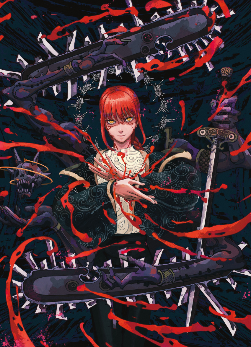 1girl absurdres black_jacket blood blood_on_face blood_splatter braid chainsaw_man closed_mouth demon_girl disembodied_eye disembodied_limb fantasy hell highres holding holding_sword holding_weapon jacket long_hair long_sleeves looking_at_viewer makima_(chainsaw_man) puffy_long_sleeves puffy_sleeves red_hair ringed_eyes shirt sidelocks skull sword weapon white_shirt yamanakatomoro yellow_eyes
