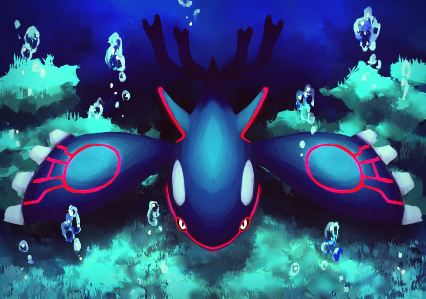 7_phi_3 animal_focus blue_skin body_markings bubble claws colored_skin forked_tail grass kyogre no_humans orca pokemon pokemon_(creature) solo symmetry tail underwater yellow_eyes