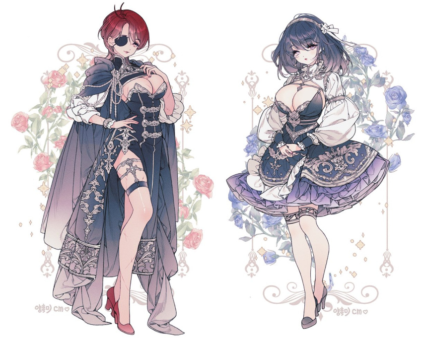 2girls black_cape black_dress black_footwear black_hair blue_flower blue_rose breasts cape cleavage dress embroidery eyepatch fashion flower frilled_dress frills full_body hair_ornament hand_on_own_hip headband high_heels huge_breasts large_breasts lemon89h looking_at_viewer medium_hair multiple_girls original parted_bangs pelvic_curtain pink_eyes pink_flower pink_rose purple_eyes red_footwear red_hair rose scar short_hair shrug_(clothing) standing thigh_strap thighhighs waist_cape white_background white_thighhighs yellow_eyes