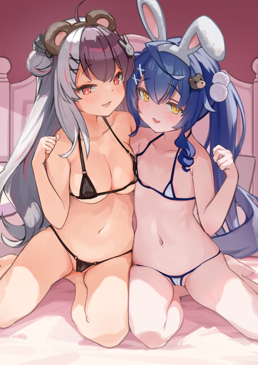 2girls :3 absurdres amamiya_kokoro animal_ears asymmetrical_docking barefoot bear_ears bear_hair_ornament bed bikini black_bikini blue_hair blush breast_press breasts brown_hair brown_hairband cameltoe double_bun fake_animal_ears grey_hair hair_bun hair_ornament hairband highres long_hair looking_at_viewer medium_breasts micro_bikini multicolored_hair multiple_girls navel nijisanji o-ring o-ring_bikini paid_reward_available parted_lips pom_pom_(clothes) pom_pom_hair_ornament rabbit_ears rabbit_hair_ornament red_eyes red_hair shiromochimikan sitting skirt smile split-color_hair stomach streaked_hair string_bikini swimsuit take_your_pick thighs twintails very_long_hair virtual_youtuber white_bikini white_hairband x_hair_ornament yellow_eyes yorumi_rena yorumi_rena_(11th_costume)