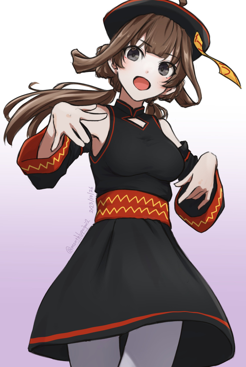 1girl absurdres alternate_costume alternate_hairstyle black_dress black_eyes black_headwear breasts brown_hair commentary_request detached_sleeves dress gradient_background hat highres jiangshi kantai_collection kongou_(kancolle) long_hair looking_at_viewer low_twintails medium_breasts ofuda open_mouth simple_background sleeveless sleeveless_dress solo twintails umibudou