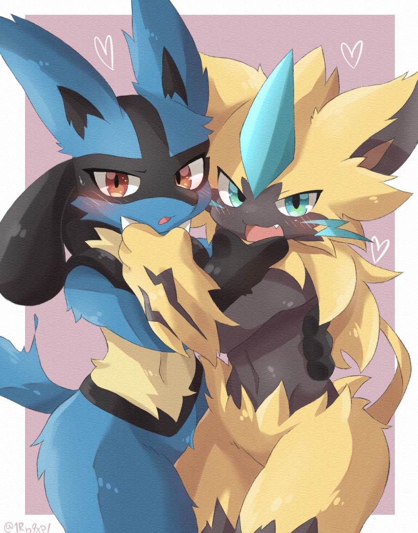 &lt;3 2021 ambiguous/ambiguous ambiguous_gender anthro anthro_on_anthro big_ears biped black_body black_fur black_inner_ear black_pupils blue_body blue_ears blue_eyes blue_fur blue_tail blush canid canine caressing caressing_face cheek_tuft claws colored cute_fangs digital_media_(artwork) duo embrace eyelashes facial_tuft featureless_crotch felid feline finger_claws fluffy front_view fur generation_4_pokemon generation_7_pokemon glistening glistening_body glistening_eyes glistening_fur head_tuft hi_res hip_tuft hug kemono legendary_pokemon looking_at_viewer lucario mammal monotone_ears monotone_tail multi_tone_fur multicolored_body multicolored_fur navel nintendo nude open_mouth pokemon pokemon_(species) portrait pupils purple_background red_eyes shaded simple_background standing tail three-quarter_portrait three-quarter_view tuft two_tone_body two_tone_fur white_basket_(artist) white_claws yellow_body yellow_ears yellow_fur zeraora