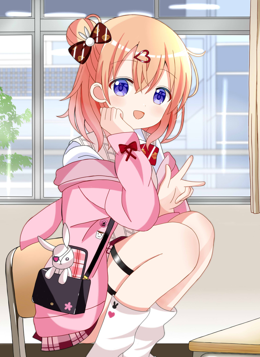 1girl bag cardigan commentary_request gochuumon_wa_usagi_desu_ka? hair_between_eyes hair_bun hair_ornament heart heart_hair_ornament highres hoto_cocoa jacket kneehighs long_sleeves looking_at_viewer open_mouth orange_hair pink_cardigan plaid plaid_skirt purple_eyes ryoutan school_bag short_hair single_hair_bun skirt smile socks solo stuffed_animal stuffed_rabbit stuffed_toy thigh_strap w white_socks